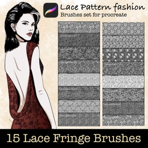 Puede incluir: Un conjunto de 15 pinceles digitales de patrones de encaje para Procreate, que presentan una variedad de diseños intrincados. Los pinceles se muestran sobre un fondo con una mujer que lleva un vestido rojo.