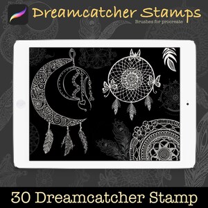 May include: A digital tablet screen displaying 30 black and white dreamcatcher stamps for Procreate. The text "Dreamcatcher Stamps" and "Brushes for Procreate" is visible at the top of the screen. The text "30 Dreamcatcher Stamp" is visible at the bottom of the screen.