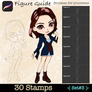 Puede incluir: Un conjunto de 30 sellos digitales para Procreate que presentan a un personaje femenino en varias poses. El personaje está dibujado en estilo chibi con ojos grandes y una expresión linda. Los sellos están etiquetados como "Figure Guide" y "Set #3".