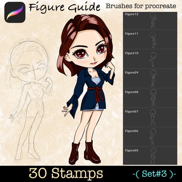 30 Procreate brushes stamps, anime figures makeup fashion guides bundle Set#3, Portrait chibi tutorials, Digital stamp for sticker drawing