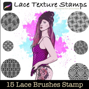 May include: 15 Lace Brushes Stamp. A digital illustration of a woman wearing a purple tank top and a black beanie. The background is a pink and blue watercolour wash with 7 black and white lace patterns in circles.