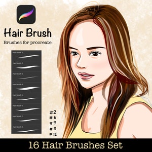 Puede incluir: Un conjunto de 16 pinceles digitales para el cabello para Procreate, que se muestran como trazos blancos sobre un fondo negro. Los pinceles están numerados del 2 al 12. La imagen también muestra a una mujer con cabello largo y castaño, que lleva un top amarillo sin mangas.