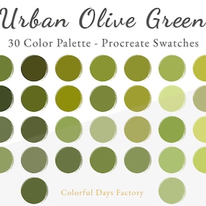 May include: A digital color palette of 30 shades of green, ranging from dark olive to light yellow-green. The palette is labeled "Urban Olive Green 30 Color Palette - Procreate Swatches" and "Colorful Days Factory".
