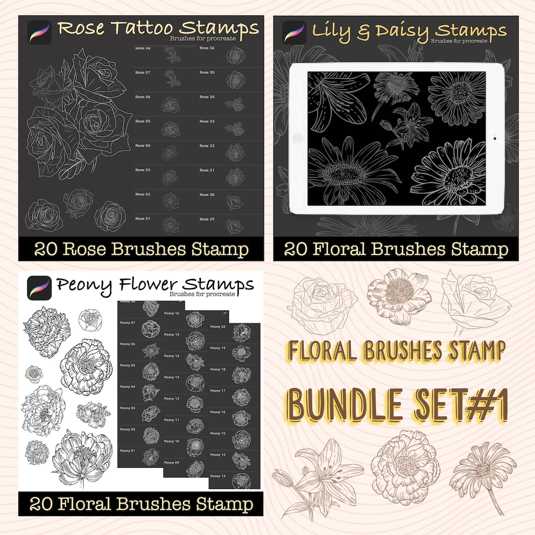 Procreate Floral Stamps Bundle, Boho Rose, Lily, Daisy, Peony for ...