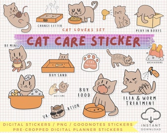 May include: A set of 12 digital stickers featuring cute cartoon cats with various activities related to cat care. The stickers include phrases like "Change Litter", "Buy Sand", "Buy Food", "Flea & Worm Treatment", and "Play in Boxes". The stickers are designed for use in digital planners and note-taking apps.