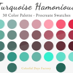 May include: A digital colour palette with 30 colour swatches in shades of turquoise, teal, grey, pink, red, and burgundy. The palette is titled "Turquoise Harmonious 30 Colour Palette - Procreate Swatches" and is labelled "Colorful Days Factory".
