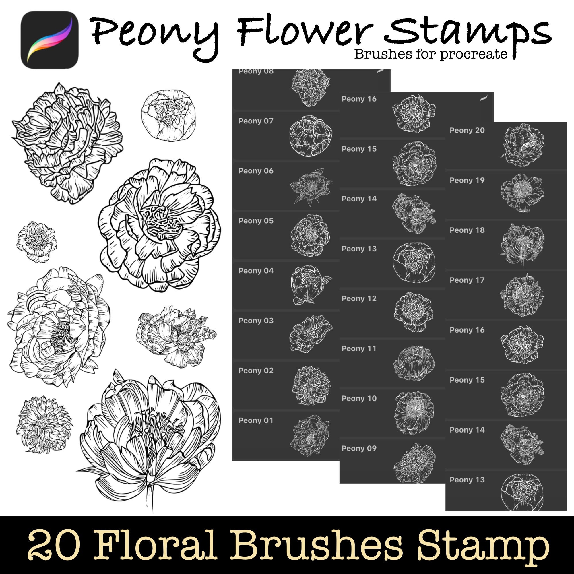 20 Peony Brush Stamps Collection, Procreate Floral / Flower Tattoo ...