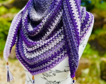 Crochet Triangle Scarf: Lightweight Glitter Tassel Shawl, Vegan Fibres