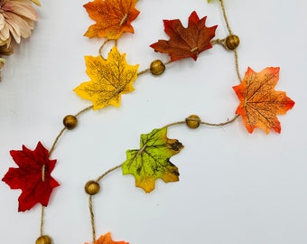 Autumn Leaf & Wood Bead Garland: Fall Fireplace Decor