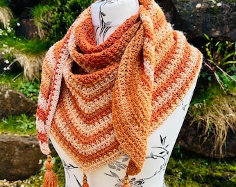 Crochet Triangle Scarf: Lightweight Glitter Tassel Shawl, Copper Tones