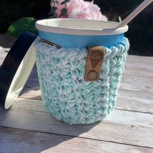 Cotton Ice Cream Pint Cozy: Reusable 500ml Tub Holder with Spoon Summer Breeze Blue