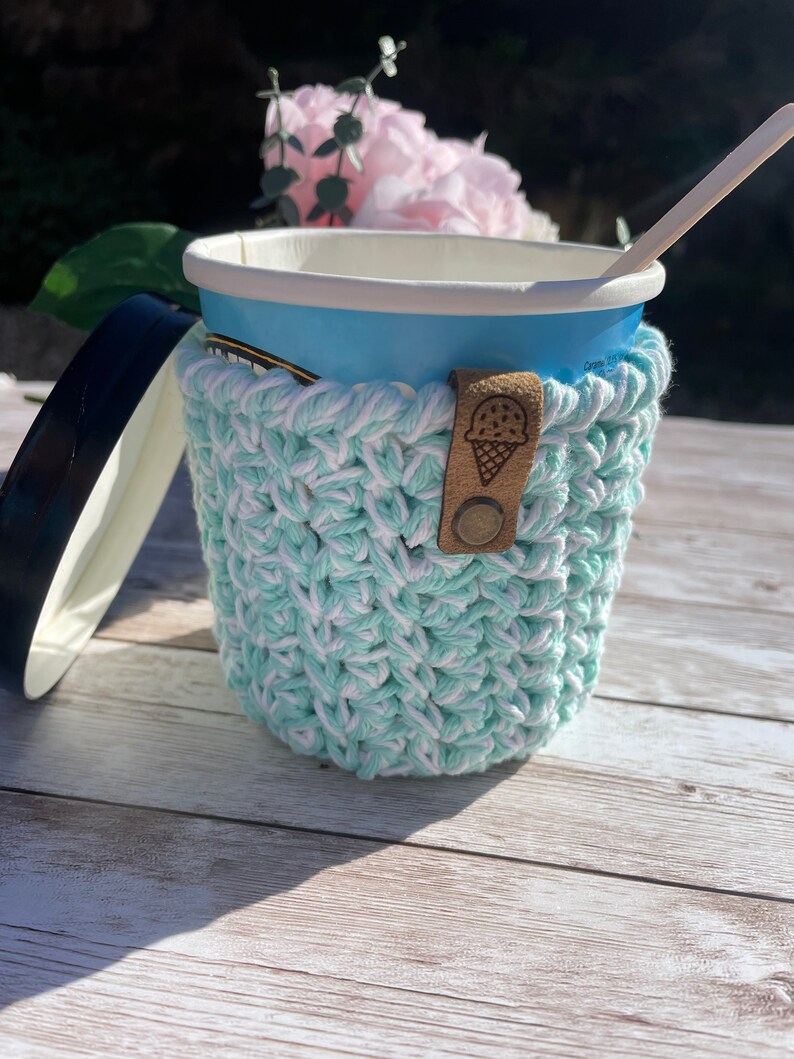 Cotton Ice Cream Pint Cozy: Reusable 500ml Tub Holder with Spoon Summer Breeze Blue