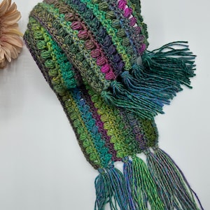 Boho Crochet Bobble Scarf, Handmade Fringe Scarf, Gifts for Her, Lightweight Scarf, Vegan Friendly
