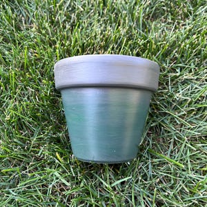 May include: A small, green terracotta pot with a gray rim. The pot is sitting on a bed of green grass.