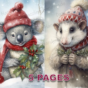 Weihnachten Tiere Postkarte Junk Journal druckbare Ephemera Aquarell Clipart PNG kommerzielle Lizenz Sofortiger Download Scrapbook Niedlich D154