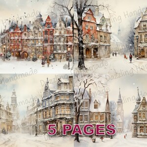 Winter Stadt Postkarte Junk Journal druckbare Ephemera Aquarell Clipart PNG kommerzielle Lizenz Sofortiger Download Scrapbook Weihnachten Art D066