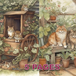 Gatos fofos no jardim Cartão postal Junk Journal para impressão Coisas efêmeras aquarela PNG Licença comercial Download instantâneo Álbum de recortes Arte vitoriana D172