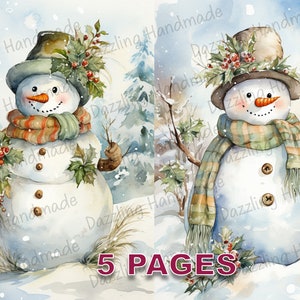 Boneco de neve cartão postal lixo diário imprimível efêmera aquarela clipart licença comercial download instantâneo scrapbook vitoriano natal d224