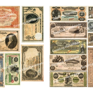 Może przedstawiać: Kolekcja zabytkowych banknot&oacute;w z r&oacute;żnych kraj&oacute;w, w tym Portugalii, Hiszpanii, Haiti i Stan&oacute;w Zjednoczonych. Banknoty przedstawiają r&oacute;żne wzory, w tym portrety, statki i budynki. Banknoty są w r&oacute;żnym stanie zużycia, ale wszystkie są w dobrym stanie.