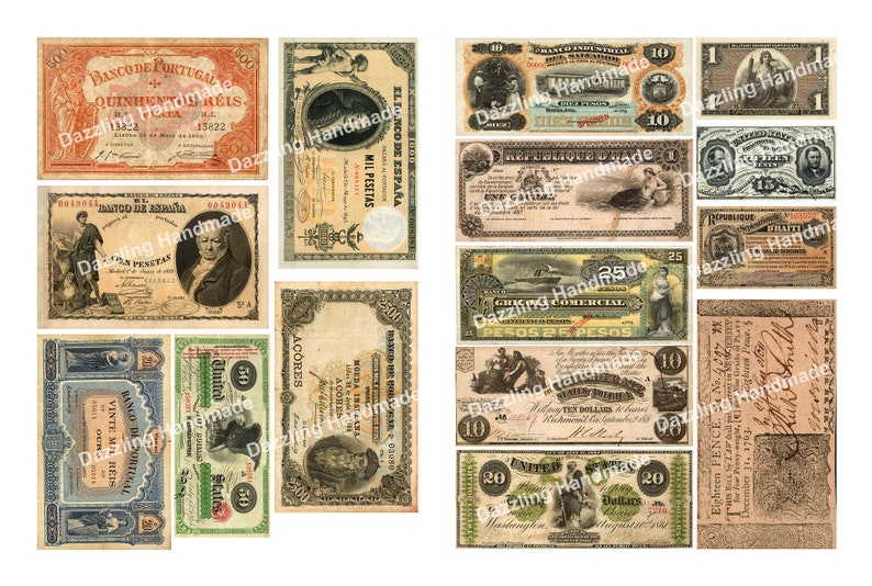 Może przedstawiać: Kolekcja zabytkowych banknot&oacute;w z r&oacute;żnych kraj&oacute;w, w tym Portugalii, Hiszpanii, Haiti i Stan&oacute;w Zjednoczonych. Banknoty przedstawiają r&oacute;żne wzory, w tym portrety, statki i budynki. Banknoty są w r&oacute;żnym stanie zużycia, ale wszystkie są w dobrym stanie.