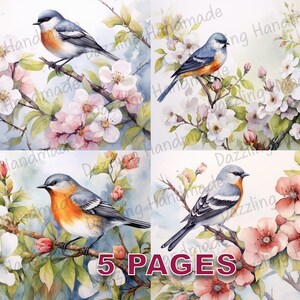 Oiseaux et fleurs Carte postale Junk Journal Imprimable Ephemera Aquarelle Clipart PNG Licence commerciale Téléchargement instantané Art Scrapbook Art D605