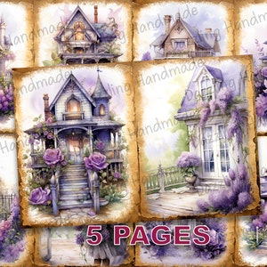 Fioletowe kwiaty wiejskie Junk Journal Pages do wydrukowania JPG Ephemera Akwarela Komercyjna Licencja Natychmiastowe pobranie Album Domowe róże D888