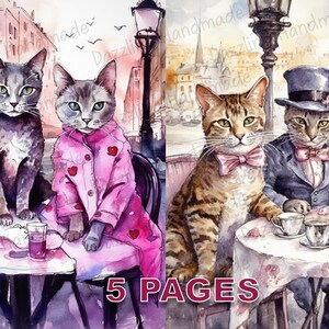 Gatos vitorianos no café parisiense Cartão postal Junk Journal para impressão Coisas efêmeras aquarela PNG Licença comercial Download instantâneo Álbum de recortes D113