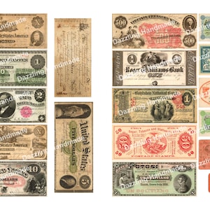 Może przedstawiać: Kolaż vintage walut i banknot&oacute;w z całego świata. Banknoty przedstawiają r&oacute;żne nominały, w tym banknoty 10, 5, 2 i 1 dolarowe, a także banknoty 500, 50 i 1 frankowe. Banknoty są w r&oacute;żnym stanie zużycia, co nadaje im vintage i antyczny wygląd.