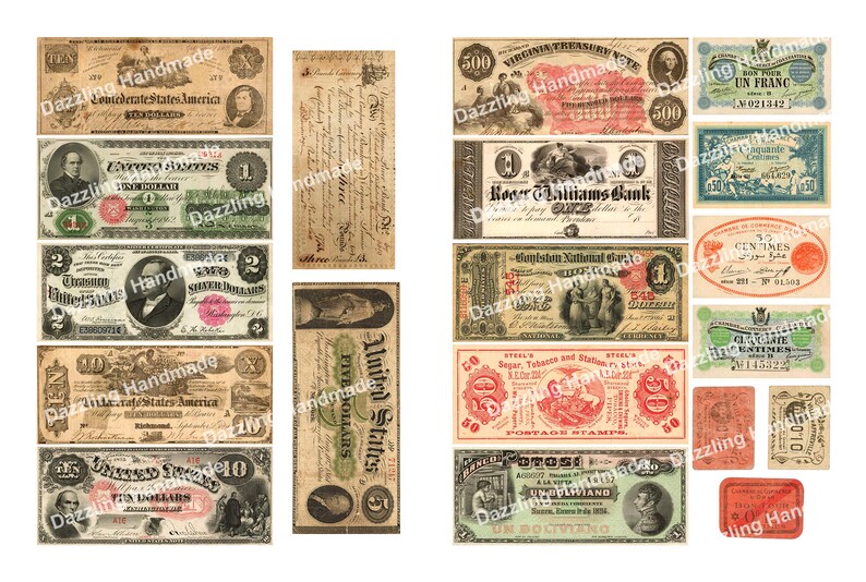 Może przedstawiać: Kolaż vintage walut i banknot&oacute;w z całego świata. Banknoty przedstawiają r&oacute;żne nominały, w tym banknoty 10, 5, 2 i 1 dolarowe, a także banknoty 500, 50 i 1 frankowe. Banknoty są w r&oacute;żnym stanie zużycia, co nadaje im vintage i antyczny wygląd.