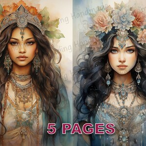 Cartão postal de princesa indiana Junk Journal para impressão Efêmera aquarela Clipart PNG Licença comercial Download instantâneo Art Scrapbook D043