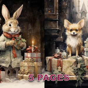Weihnachten Tier Postkarte Junk Journal druckbare Ephemera Aquarell Clipart PNG kommerzielle Lizenz digitaler Download Clip Art Scrapbook D008