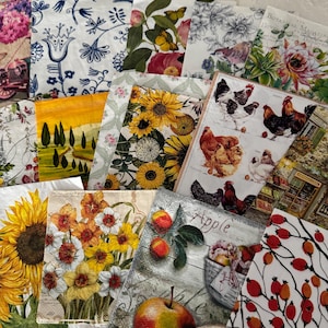 May include: A collection of decorative paper napkins with various floral, fruit, and animal designs. The napkins feature images of sunflowers, daffodils, apples, chickens, and botanical illustrations. The color palette includes vibrant yellows, reds, and greens.