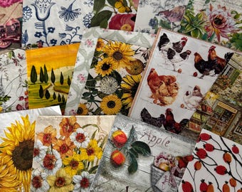 25+ Surprise Craft Napkins Decoupage Napkins, Flower Napkins, Lemons, Bird, Bees Bee hive, Sunflower, Multiple variety Craft Supplies Bundle