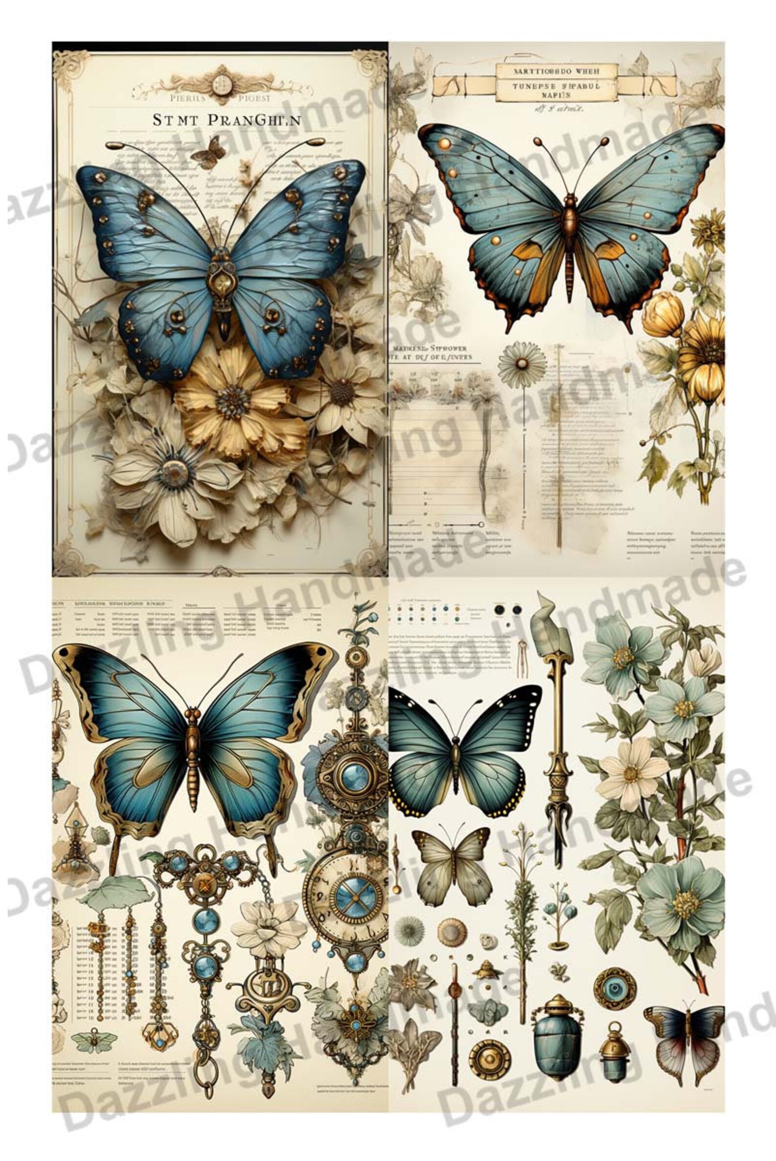 Vintage Blue Butterfly Junk Journal Printable Antique Ephemera Elements ...
