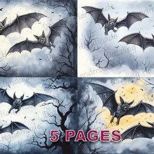 Halloween Nietoperz Upiorny Pocztówka Junk Journal Wydrukuj Vintage Ephemera Akwarela Clipart PNG Komercyjna Licencja Natychmiastowe Pobieranie D477