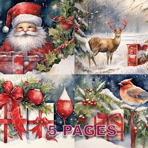 Temps de Noël carte postale victorienne Junk Journal imprimable éphémères aquarelle Clipart PNG licence commerciale téléchargement instantané Scrapbook D557