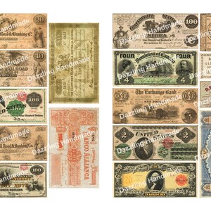 Może przedstawiać: Kolekcja starych banknot&oacute;w z r&oacute;żnych kraj&oacute;w i epok. Banknoty przedstawiają r&oacute;żne wzory, w tym portrety, budynki i zwierzęta. Niekt&oacute;re banknoty są czarno-białe, a inne kolorowe. Banknoty są w dobrym stanie i stanowiłyby świetne uzupełnienie każdej kolekcji.