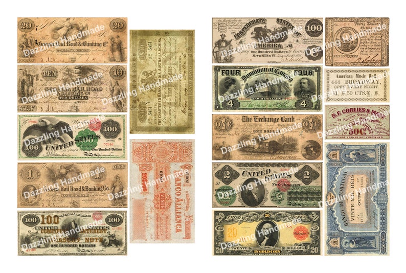 Może przedstawiać: Kolekcja starych banknot&oacute;w z r&oacute;żnych kraj&oacute;w i epok. Banknoty przedstawiają r&oacute;żne wzory, w tym portrety, budynki i zwierzęta. Niekt&oacute;re banknoty są czarno-białe, a inne kolorowe. Banknoty są w dobrym stanie i stanowiłyby świetne uzupełnienie każdej kolekcji.