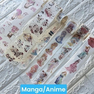 May include: A selection of washi tape rolls with manga and anime-style illustrations. The tape designs showcase anime characters in diverse outfits, floral patterns, and other decorative elements. The text "Manga/Anime" is displayed in a blue rectangle.