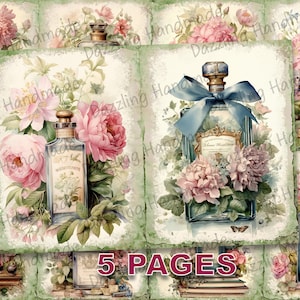 Florale Vintage Parfümflasche Blumen Junk Journal Seiten Druckbare JPG Ephemera Aquarell Kommerzielle Lizenz Sofortiger Download Scrapbook D846