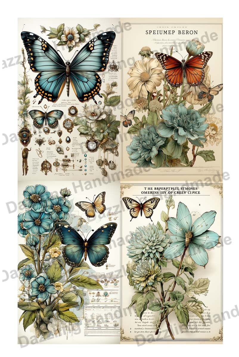 Vintage Blue Butterfly Junk Journal Printable Antique Ephemera Elements ...