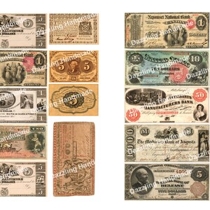 Może przedstawiać: Kolekcja starych banknot&oacute;w z r&oacute;żnych bank&oacute;w i nominał&oacute;w. Banknoty przedstawiają r&oacute;żne wzory, w tym portrety, budynki i tekst. Niekt&oacute;re banknoty są czarno-białe, a inne kolorowe.