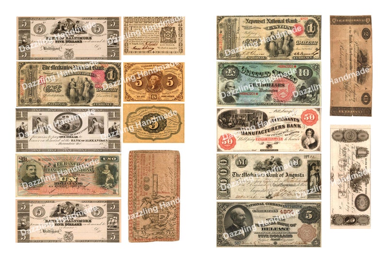 Może przedstawiać: Kolekcja starych banknot&oacute;w z r&oacute;żnych bank&oacute;w i nominał&oacute;w. Banknoty przedstawiają r&oacute;żne wzory, w tym portrety, budynki i tekst. Niekt&oacute;re banknoty są czarno-białe, a inne kolorowe.