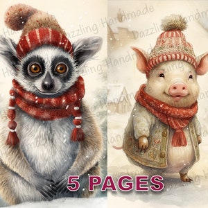 Pocztówka ze zwierzętami świątecznymi Junk Journal Wydrukuj Ephemera Akwarela Clipart PNG Licencja komercyjna Natychmiastowe pobieranie Album ze zdjęciami Uroczy D162