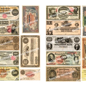 Może przedstawiać: Kolaż vintage banknot&oacute;w i walut ze Stan&oacute;w Zjednoczonych. Banknoty przedstawiają r&oacute;żne nominały, w tym 1 $, 5 $, 10 $, 20 $, 50 $ i 100 $. Niekt&oacute;re banknoty pochodzą z amerykańskiego skarbu państwa, a inne z bank&oacute;w prywatnych. Banknoty są w r&oacute;żnym stanie zużycia, ale wszystkie są w dobrym stanie.