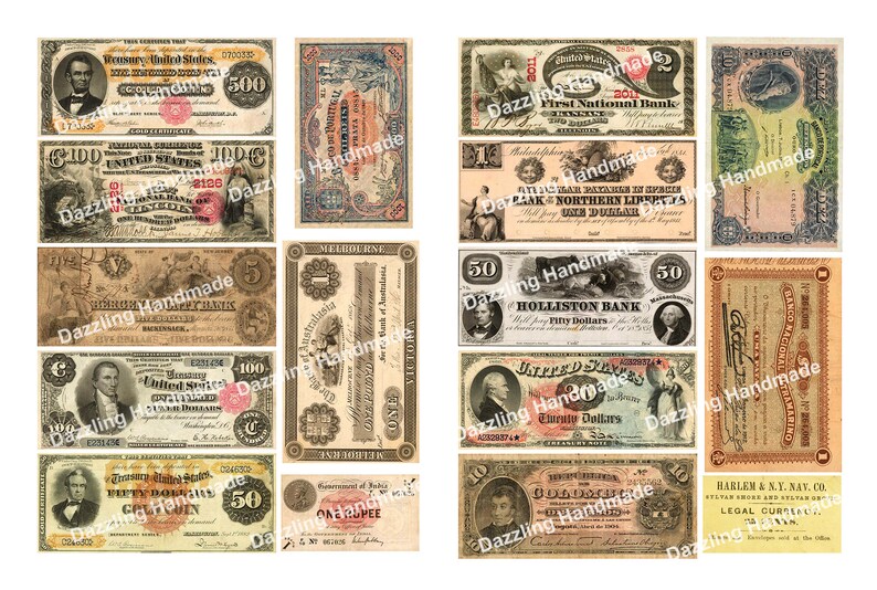 Może przedstawiać: Kolaż vintage banknot&oacute;w i walut ze Stan&oacute;w Zjednoczonych. Banknoty przedstawiają r&oacute;żne nominały, w tym 1 $, 5 $, 10 $, 20 $, 50 $ i 100 $. Niekt&oacute;re banknoty pochodzą z amerykańskiego skarbu państwa, a inne z bank&oacute;w prywatnych. Banknoty są w r&oacute;żnym stanie zużycia, ale wszystkie są w dobrym stanie.