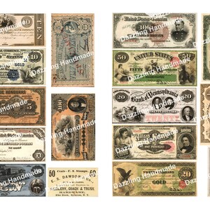 Może przedstawiać: Kolaż vintage'owych banknot&oacute;w z r&oacute;żnych kraj&oacute;w i epok. Banknoty przedstawiają r&oacute;żne wzory, w tym portrety, zwierzęta i tekst. Banknoty są w r&oacute;żnym stanie zużycia, co nadaje im vintage'owy wygląd.