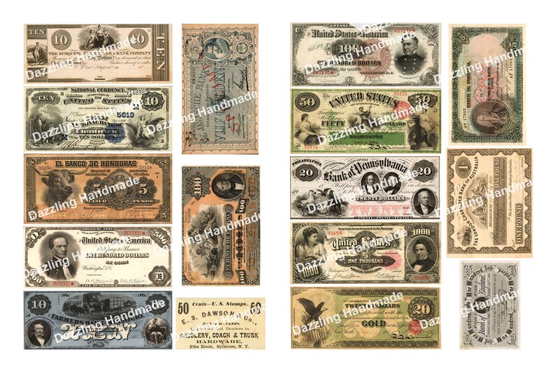 Może przedstawiać: Kolaż vintage'owych banknot&oacute;w z r&oacute;żnych kraj&oacute;w i epok. Banknoty przedstawiają r&oacute;żne wzory, w tym portrety, zwierzęta i tekst. Banknoty są w r&oacute;żnym stanie zużycia, co nadaje im vintage'owy wygląd.