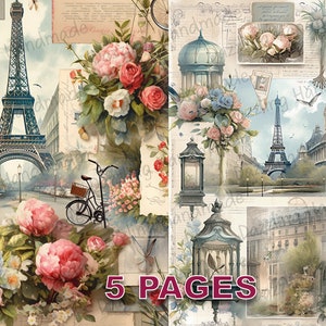 Vintage paris colagem frança cartão postal lixo diário imprimível efêmera aquarela licença comercial download instantâneo scrapbook viagem d270