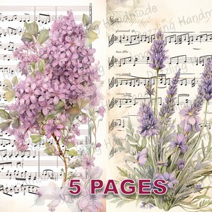 Cartão postal gasto de flores e música, diário lixo para impressão, coisas efêmeras, aquarela, licença comercial, download instantâneo, álbum de recortes, arte vintage D299